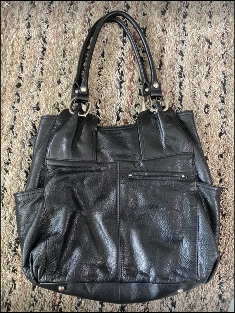 b. makowsky Black Leather Shoulder Tote. With Leopard print inside - Picture 2 of 4